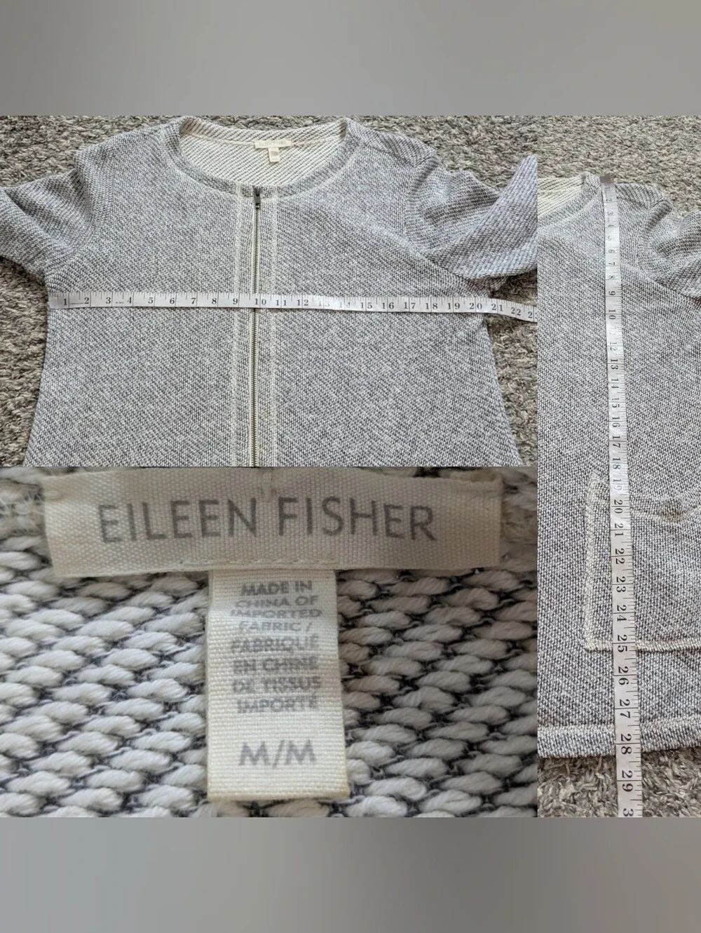 Eileen Fisher Grey Organic Cotton Long Sleeve Zip Up Sweater Cardigan Jacket M